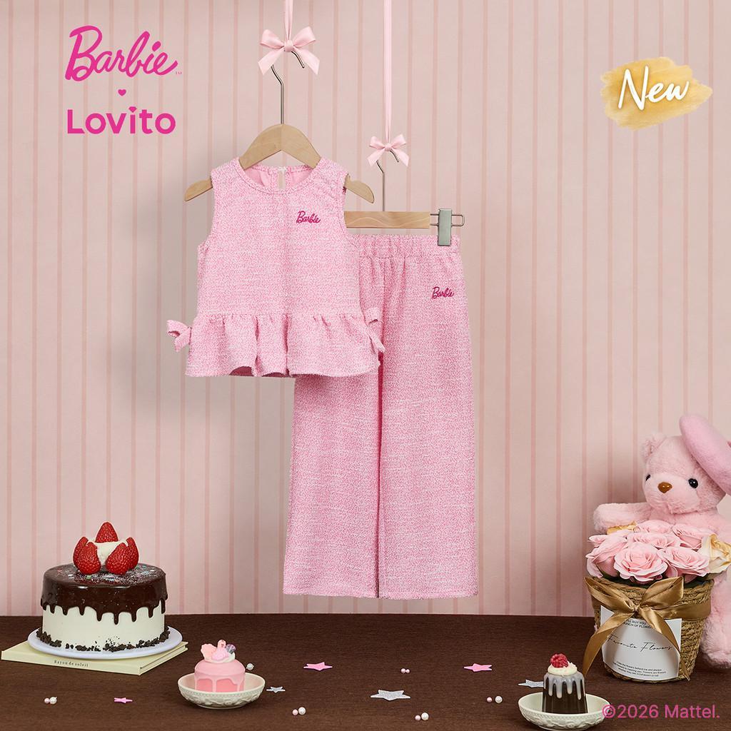 (New Arrival) Barbie™ X Lovito Kids Conjunto De Shorts Casuais Com Laço Barra Em Babado E Bordado Conjunto De Shorts Rosa Primavera/verão Para Meninas SHBL6PAD036