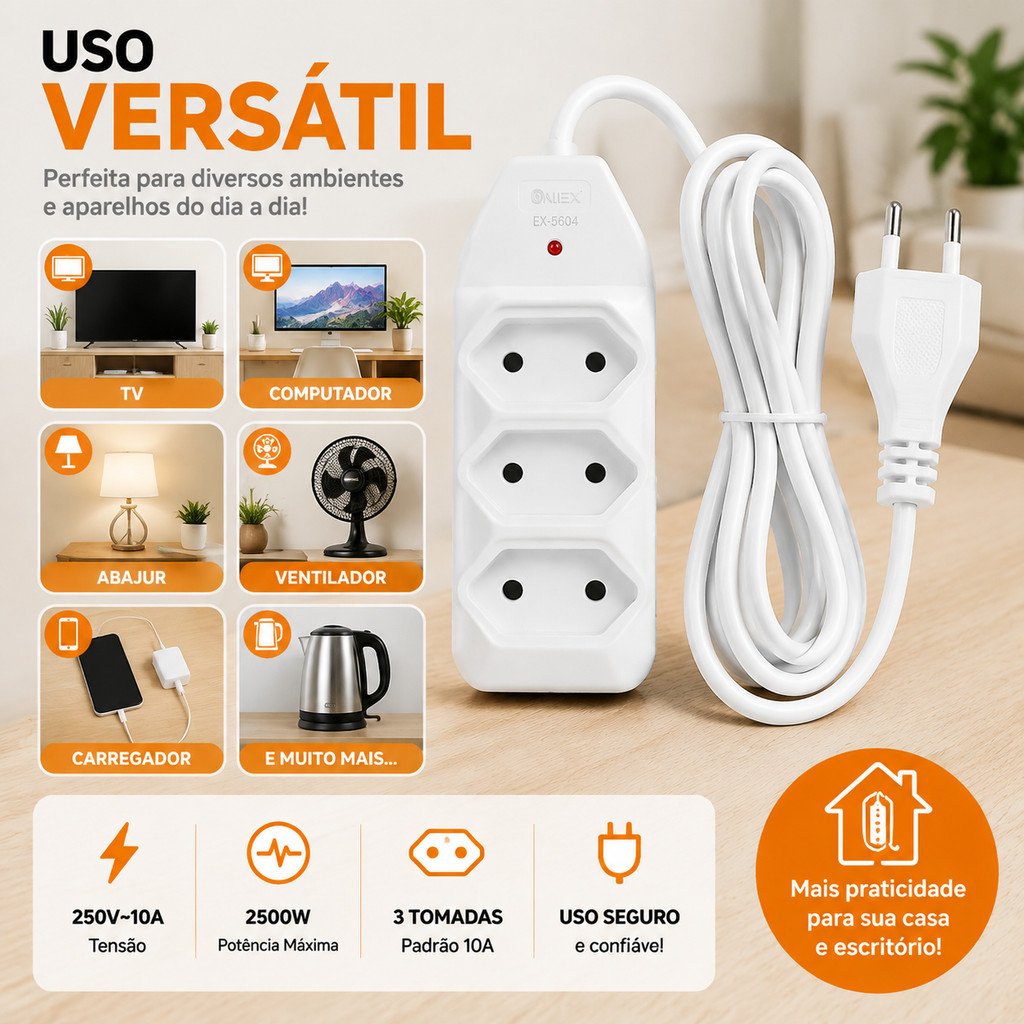 Extensão Elétrica 3 Tomadas 2 Metros 10A 2500W Cabo Branco EX-5604