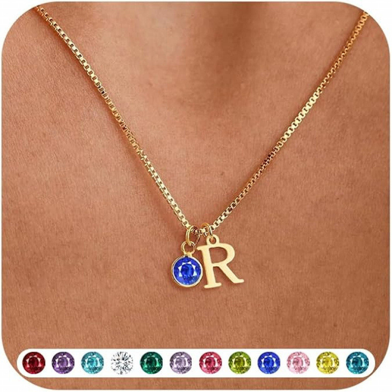 Colar simples para clavícula feminino, colar com pingente de letra inglesa e pedra de nascimento banhado a ouro, colar c