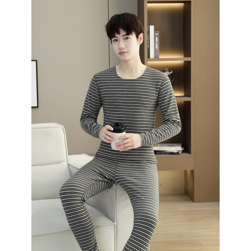 Conjunto de roupa íntima térmica masculina jovem outono inverno gola redonda listrada roupas de outono calças compridas 