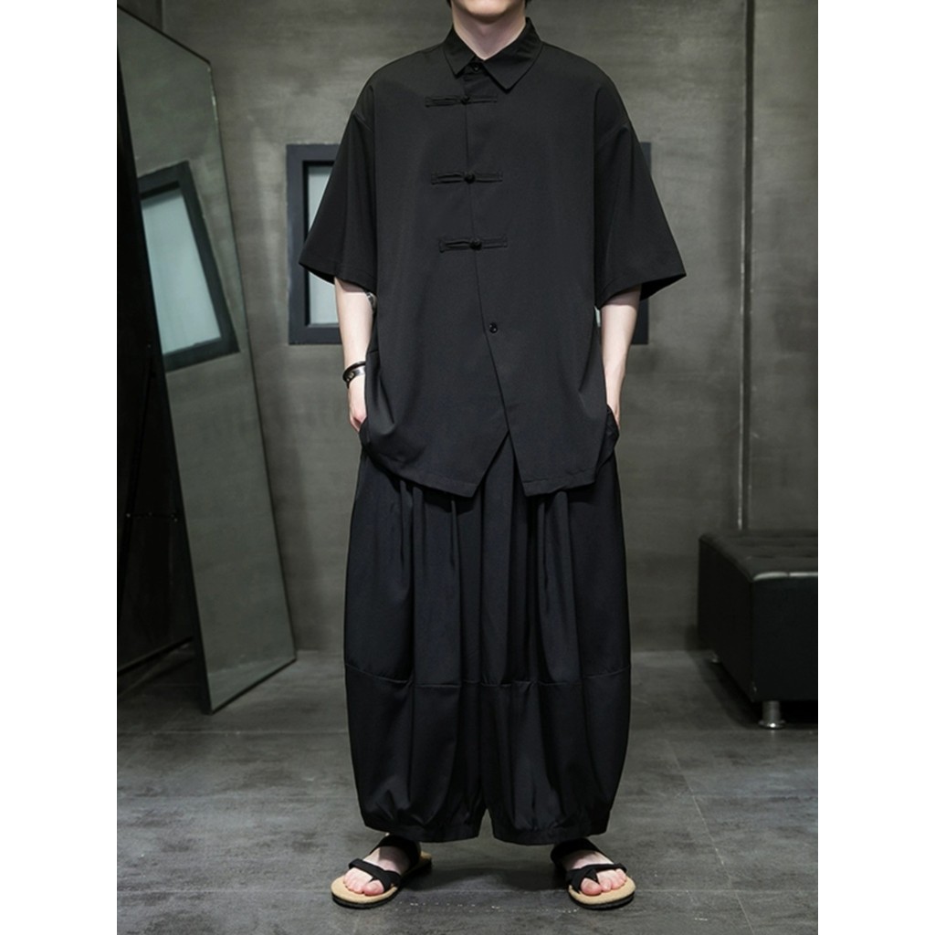 Novo estilo chinês Tang terno Hanfu masculino estilo chinês verão estilo fino gelo seda terno de manga curta Retro solto