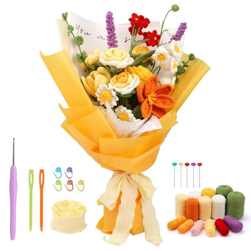 Kit De Crochê Para Iniciantes-Conjunto De Fios De Buquê De Flores Rosas Com Instruções Presente De Aniversário DIY