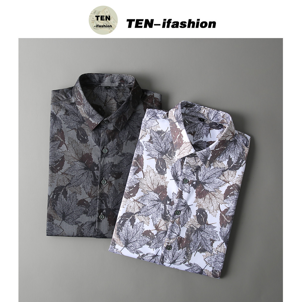 Camisa masculina de manga comprida estampada sem ferro, novo estilo, versão coreana, folha caída, estampa completa, cami