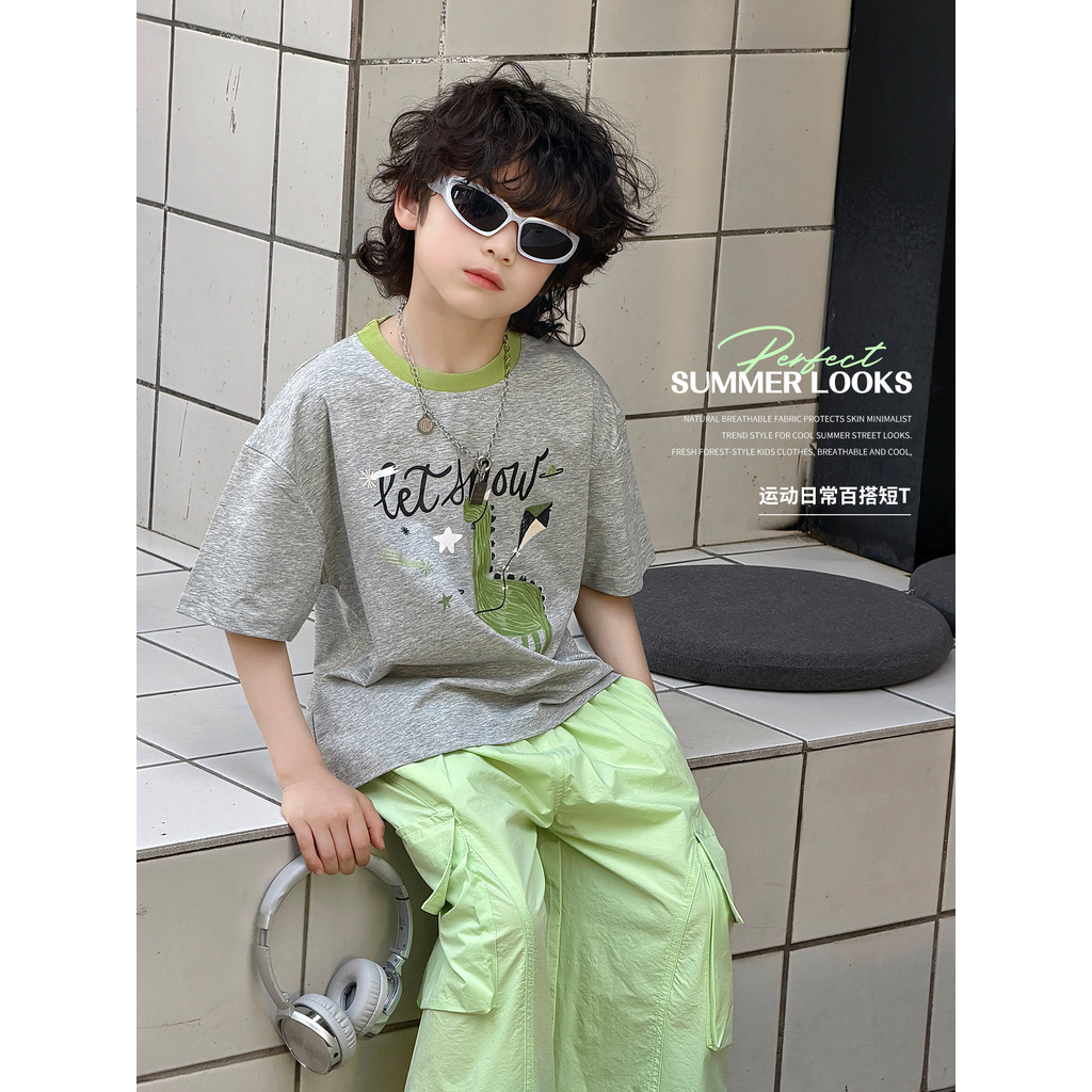 Meninos verão dos desenhos animados dinossauro impressão camiseta bonito estilo fino crianças de manga curta 2026 novo e