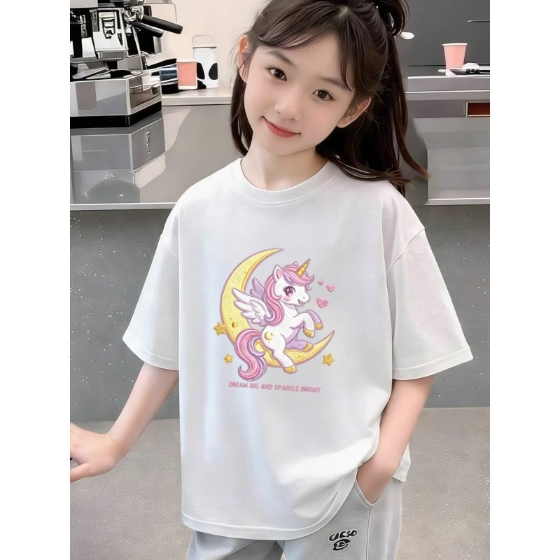Meninas dos desenhos animados unicórnio camiseta de manga curta verão novo estilo doce impresso em torno do pescoço puro