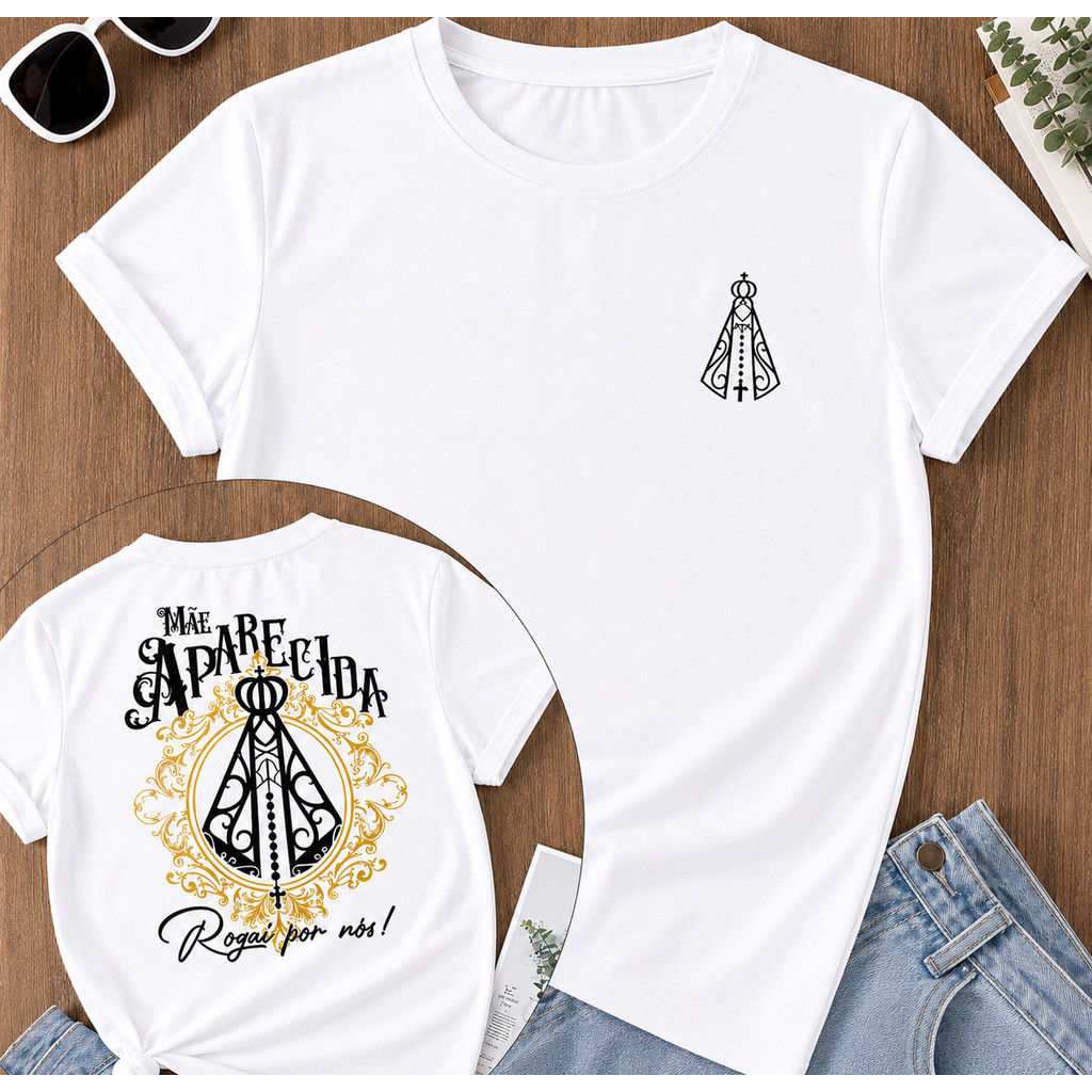 Camiseta Tradicional Jesus petalas rosas Maria Mãe Unissex 100% Algodão Estampada Blusa Gola Redonda Premium
