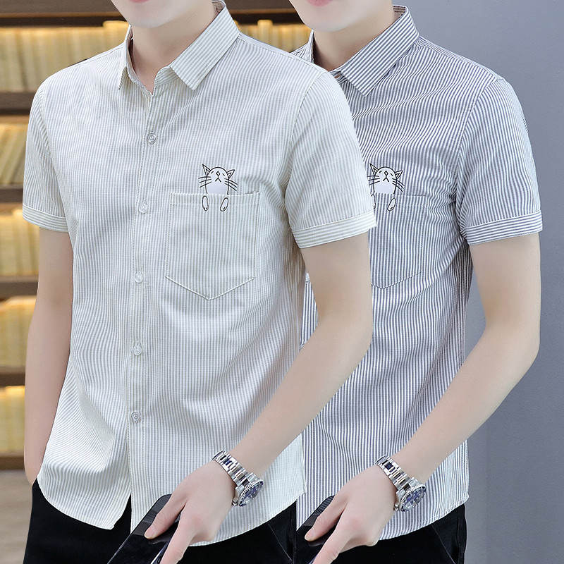Camisa de manga curta masculina 2022 verão estilo fino adolescente estudante único impresso camisa listrado bonito bolso