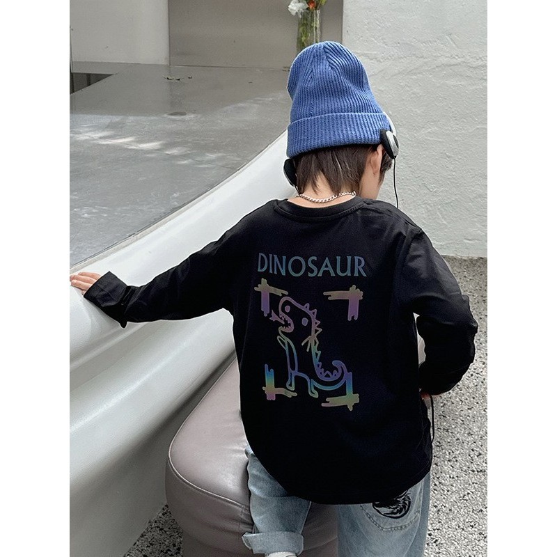 Menino primavera outono Laser luminoso dinossauro manga comprida camiseta menino bebê puro algodão dos desenhos animados