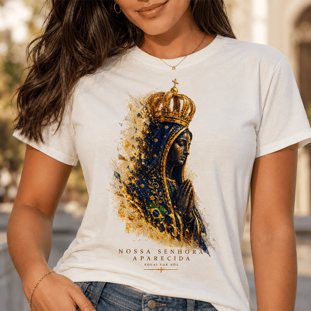 Camiseta Nossa Senhora Aparecida Rogai Por Nós Padroeira do Brasil Feminina