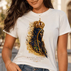Camiseta Nossa Senhora Aparecida Rogai Por Nós Padroeira do Brasil Feminina