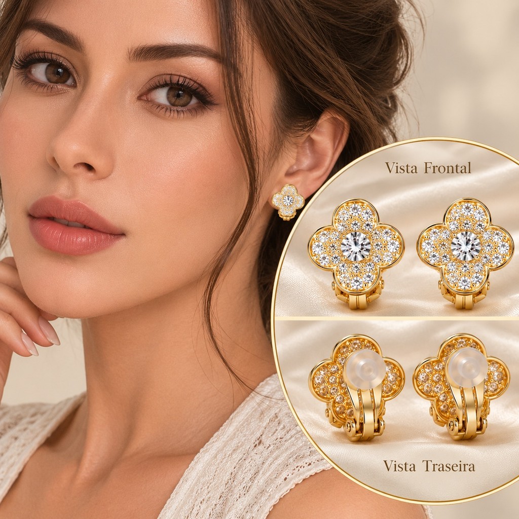 Brinco Feminino Flor Trevo Dourado Sem Furo Cobre Banhado A Ouro Zircônia Antialérgico Não Escurece Elegante E Delicado