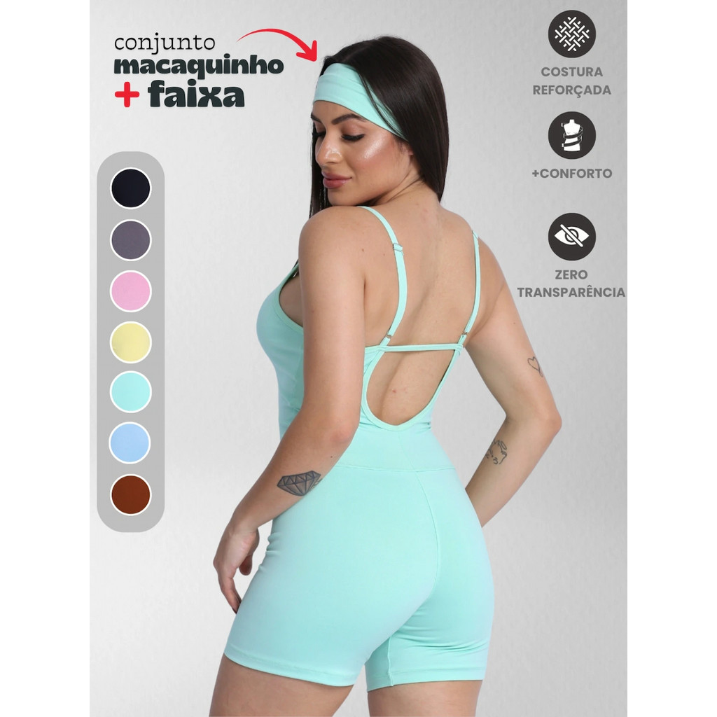 Macaquinho Suplex Academia Feminino Com Faixa Roupa Macacão Fitness Confortável Zero Transparência Treino