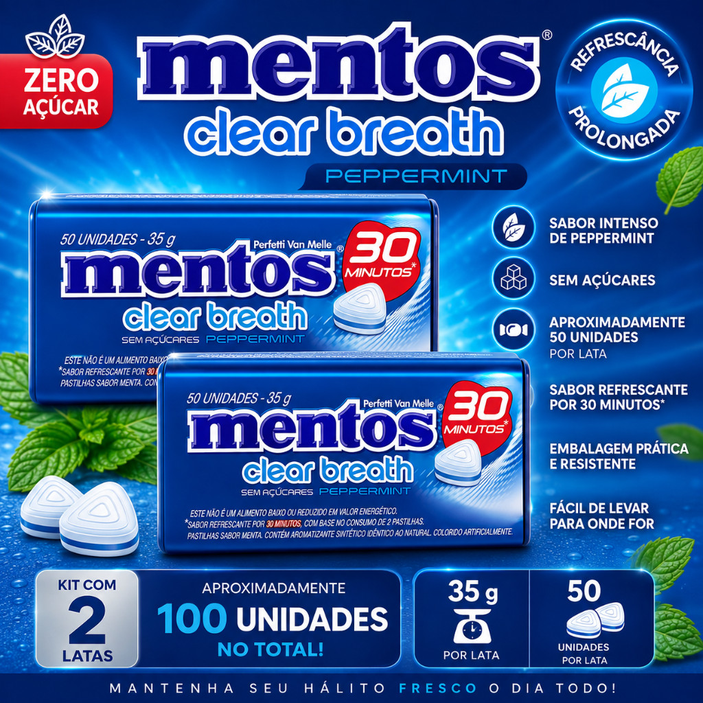 Kit 2 Pastilhas Mentos Clear Breath Zero Açucar Peppermint 35g - 100 unidades