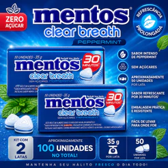 Kit 2 Pastilhas Mentos Clear Breath Zero Açucar Peppermint 35g - 100 unidades