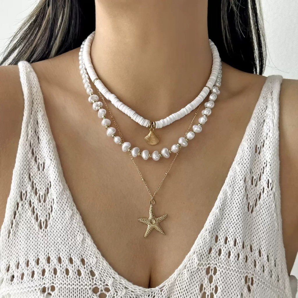 Kit 3 Colares Femininos em Camadas com Pérolas, Estrela do Mar e Concha | Colar Praia Boho Verão Dourado e Prateado