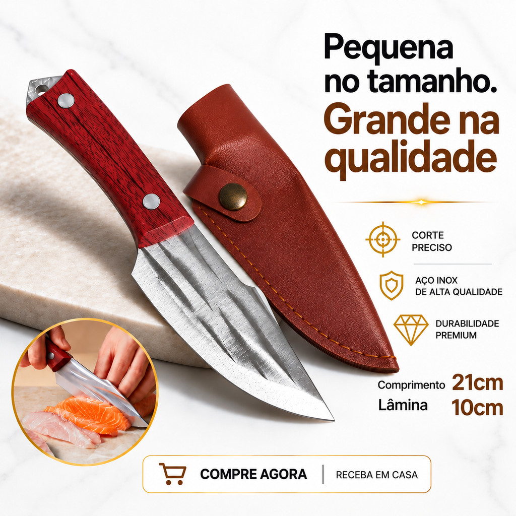 Faca Artesanal para Churrasco e Desossa Mini Aço Inox com Bainha | Corte Preciso