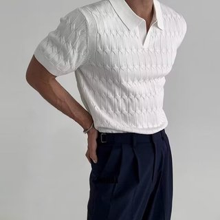 Camiseta masculina de manga curta de verão com decote em V em malha