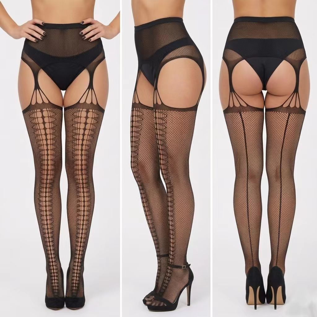 Meia-calça de malha oca de renda elástica alta feminina meias arrastão suspensórios calças de rede estilo escuro roupa ú