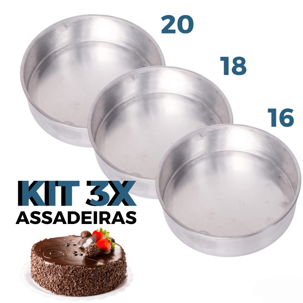 Kit 3 Formas Assadeiras Redondas de Bolo Tortas de Alumínio Polido com Bordas Reforçadas