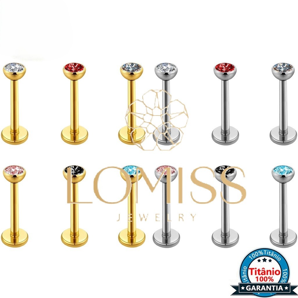 LOMISS Piercing Labret Titânio PVD Zircônia Colorida | Helix Tragus Conch Nariz Rook Hipoalergênico