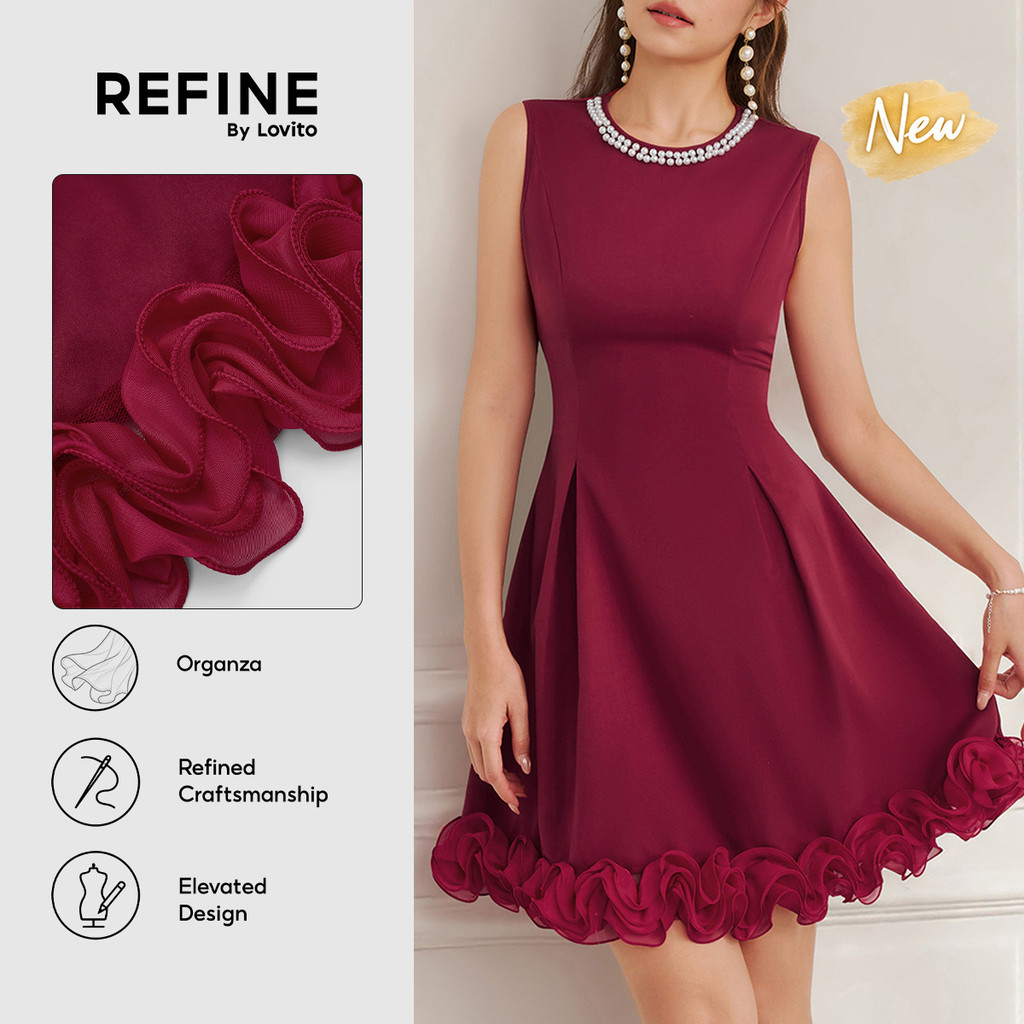 (New Arrival) (Refine by Lovito) Vestido Formal Vermelho Feminino Babados pérolas Color Block até O Joelho Natal DRR44P1D005