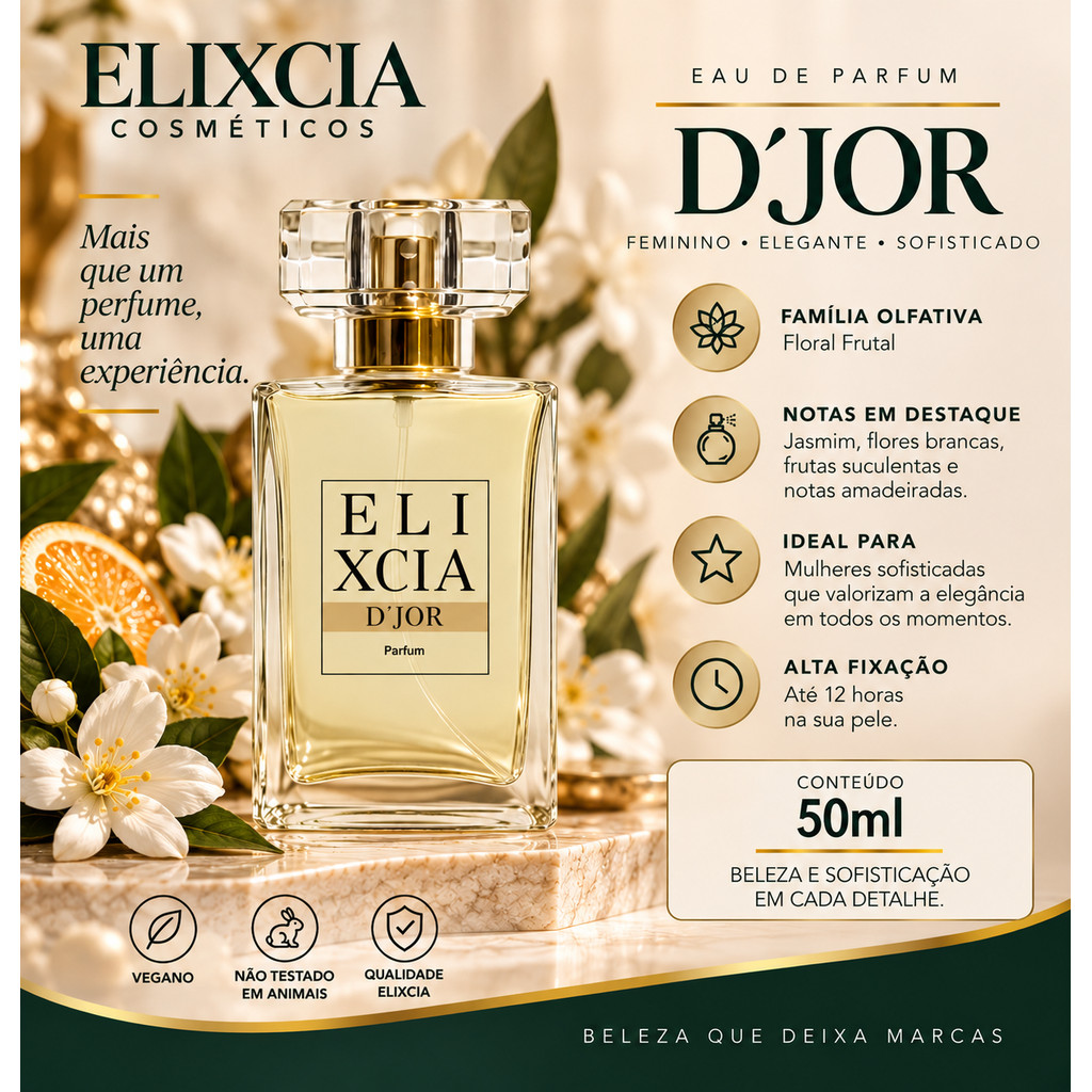 Perfume Feminino Elixcia D’jor 50ml – Floral Sofisticado – Elegante – Alta Fixação
