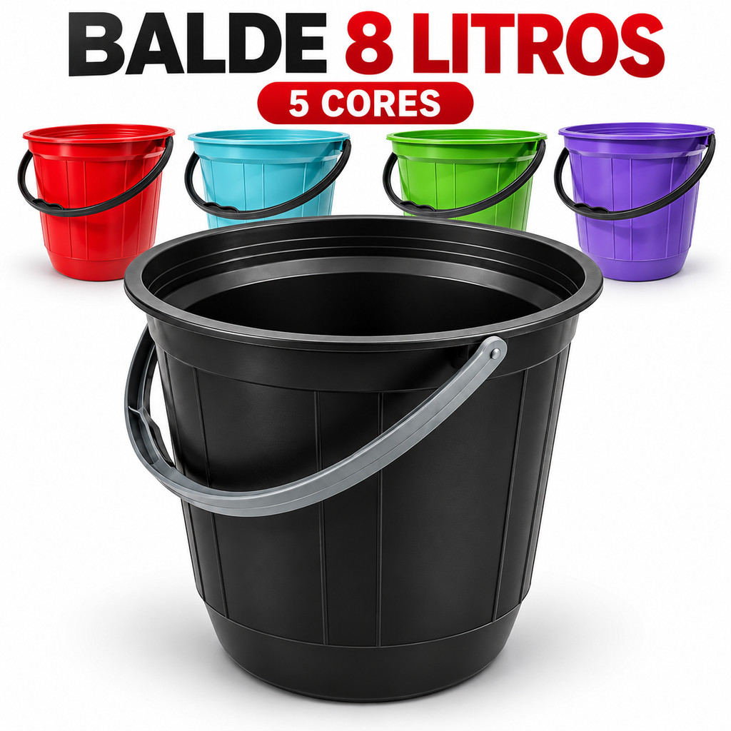 Balde 8 Litros Plástico Reforçado Alça Forte Limpeza Construção Jardim Multiuso Resistente Profissional