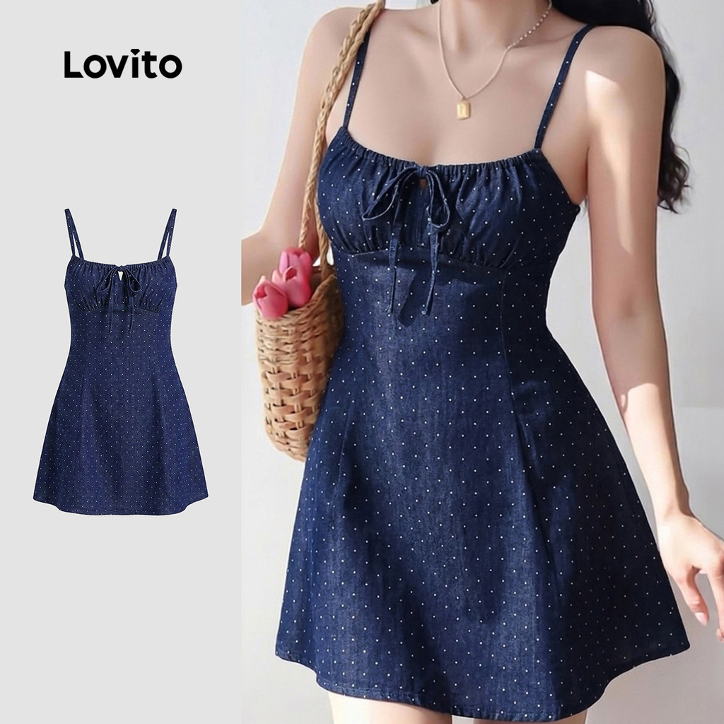 Lovito Vestido Elegante Azul Escuro com Padrão de Gravata Na Frente para mulheres DRK8P2D648
