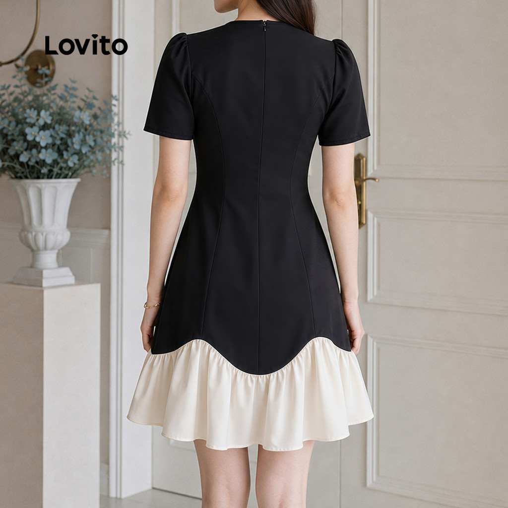 (New Arrival) Lovito Elegante Vestido Curto Flare Preto E Branco Costura Contraste Primavera Verão Trabalho Para Mulheres DRB205P2D308 — imagem 2 de 2
