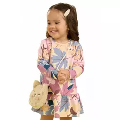 Vestido Infantil Menina Floral Com Bolsa Elian Bege