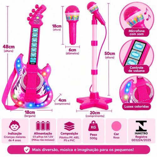Guitarra Infantil Portatil Rosa Com Microfone Karaoke Tripode Mp3 Som Bluetooth 50cm Musical