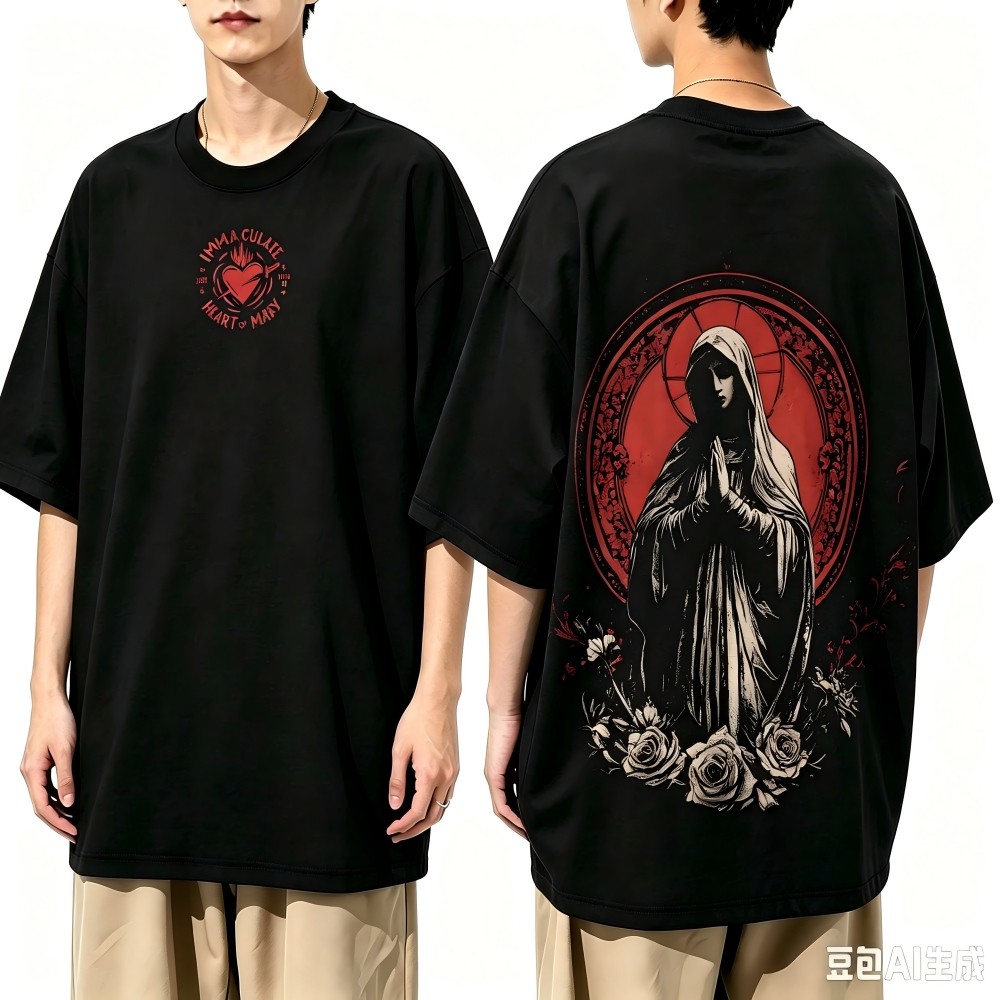 Camiseta Unissex Preto Oversize com Estampa Nossa Senhora Faith Streetwear Algodão
