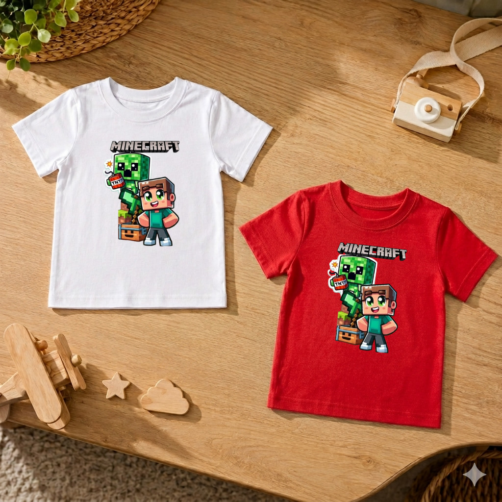 Kit 2 Camisetas Infantis Masculinas Minecraft 100% Algodão Estampadas Confortáveis Premium Menino