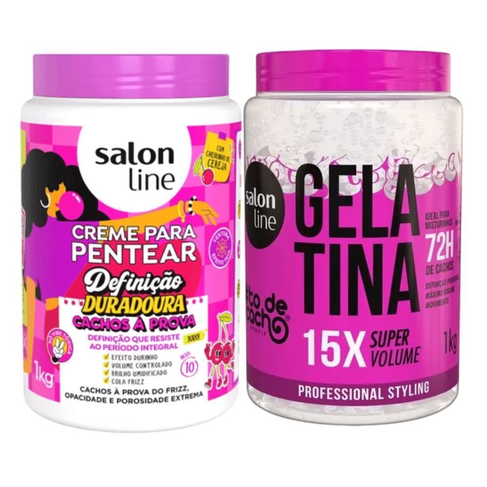 Kit Salon Line Creme De Pentear Definição Duradoura 1Kg + Gelatina Super Volume 1Kg