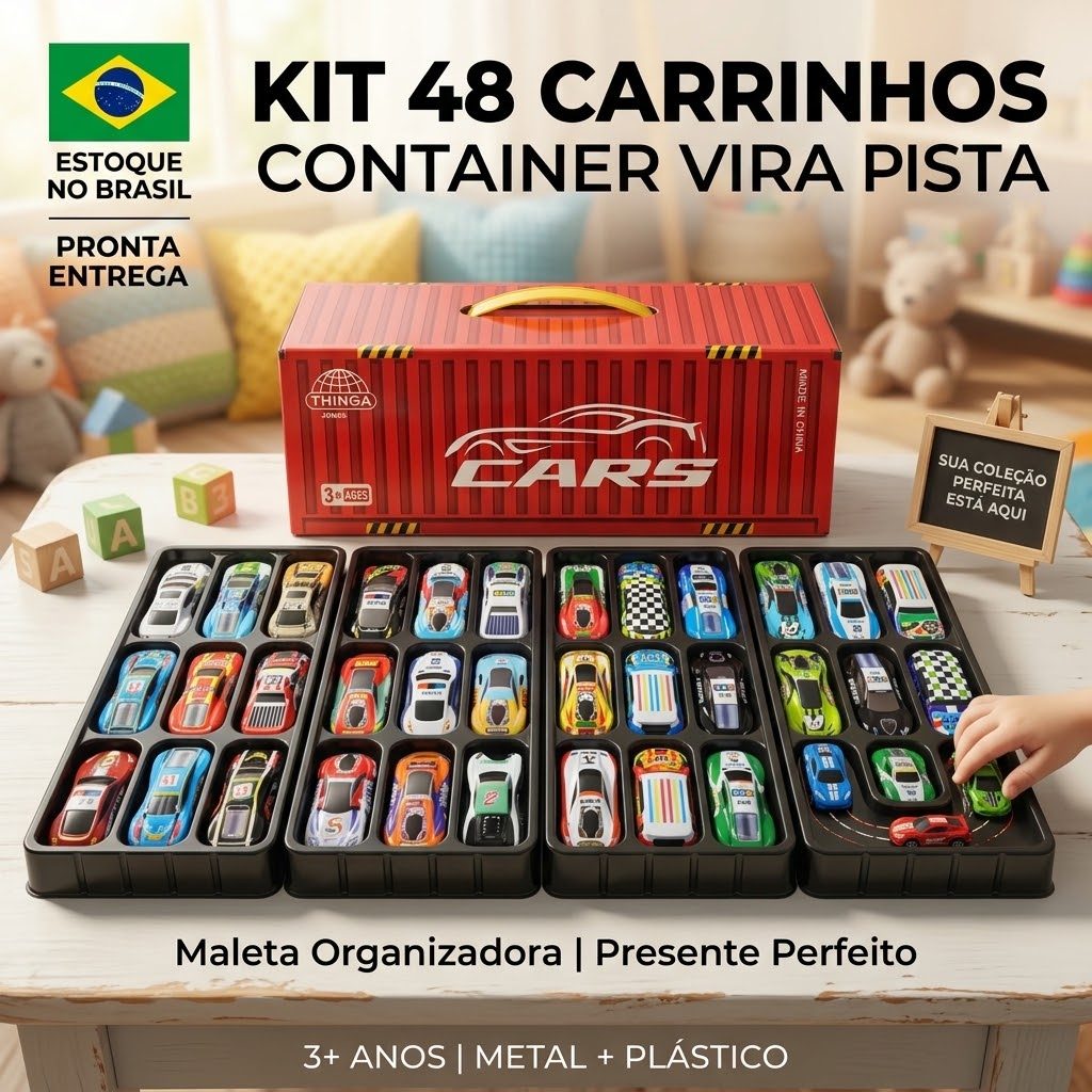 Kit 48 Carrinhos de Metal Fricção Maleta Container Vira Pista 48 Modelos Brinquedo Infantil