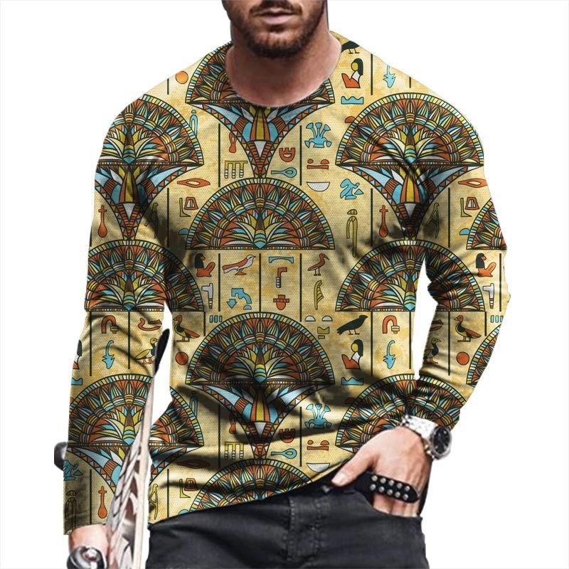2026 Nova Camiseta Masculina De Manga Comprida , Estilo Retrô Estampado Em 3D , Étnica Exclusiva De Poliéster Da Moda Eu