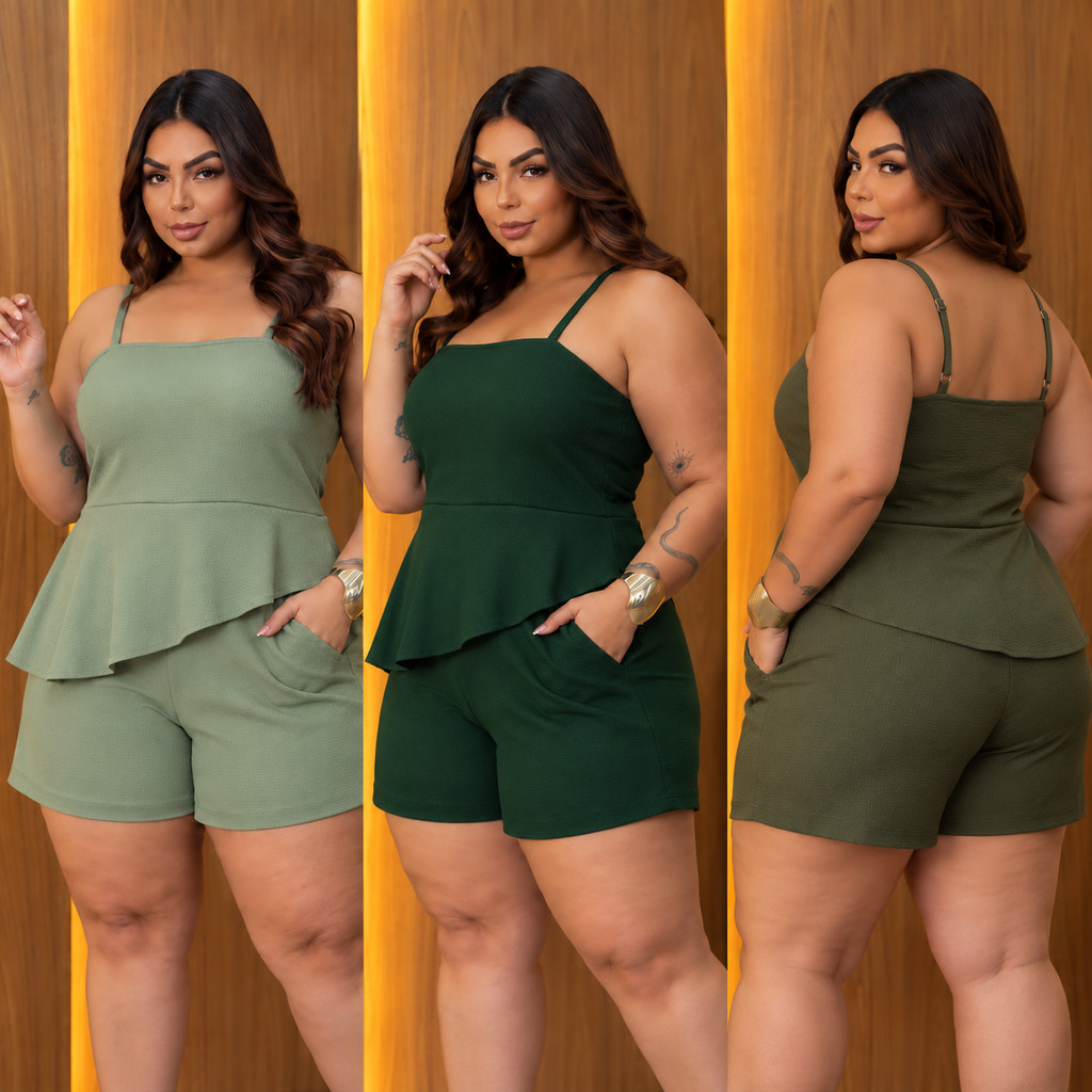 Conjunto Feminino Plus Size Elegante e Casual Assimétrico Duna Blusa Elástico e Shorts Curto Moda Verão Confortável -