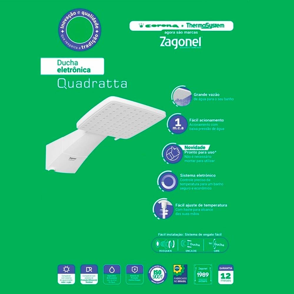 Chuveiro Ducha Elétrico Zagonel Quadratta Branco 88 Jatos Controle de Temperatura Eletrônico — imagem 2 de 2
