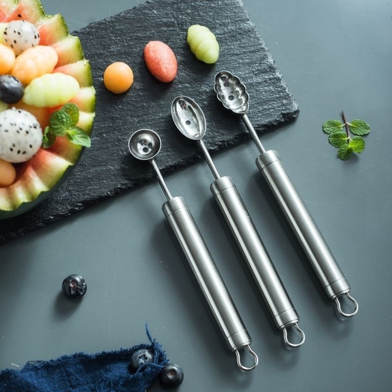 Conjunto de colheres para fazer bolinhas de frutas, aço inoxidável 430, design criativo de borboleta de duas pontas para