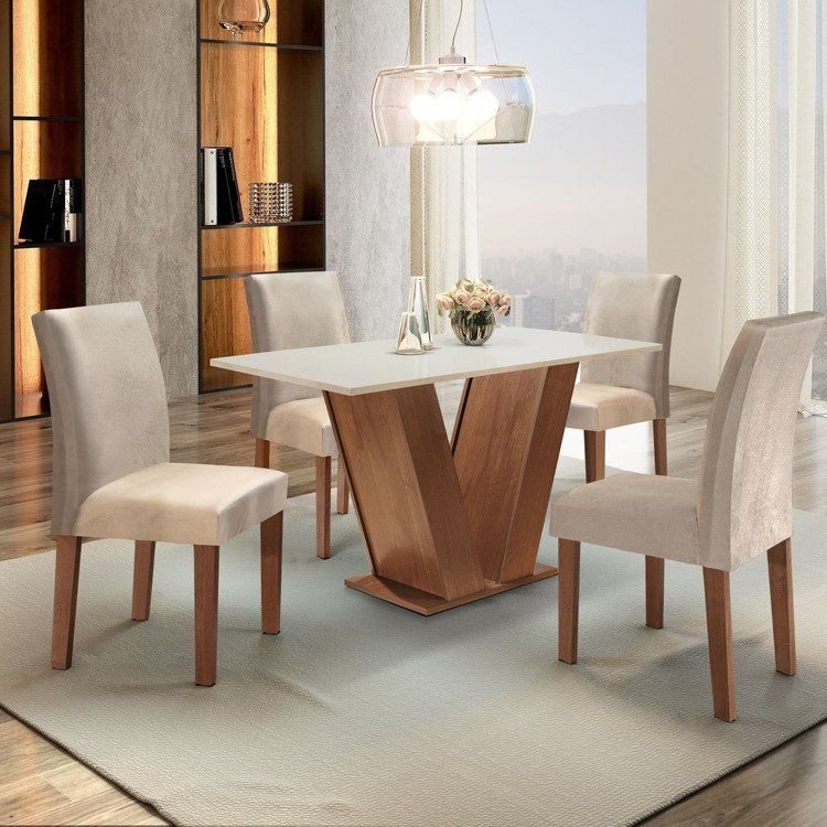 Conjunto Mesa de Jantar 4 Cadeiras Tampo MDF Espanha Yescasa Chocolate Off White Chocolate/Off White/Suede Bege