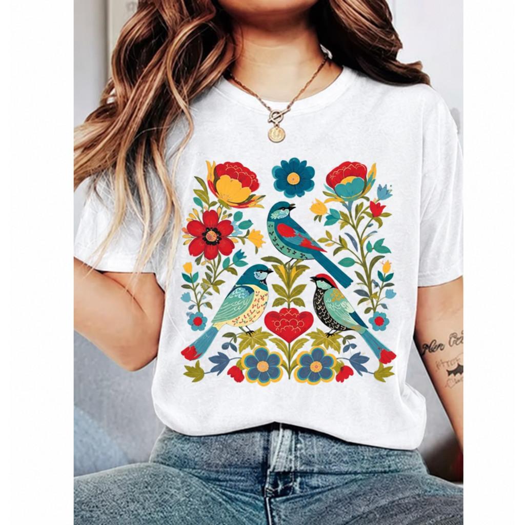 Camiseta Feminina Estampa Pássaros Coloridos Flores Folclóricas Coração Decorado Confortável Linda Moderna Estilosa