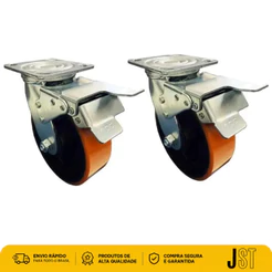 Kit 2 Rodízios Giratórios PU C/Freio 5 Pol 350kg JST Laranja Roda de 50mm