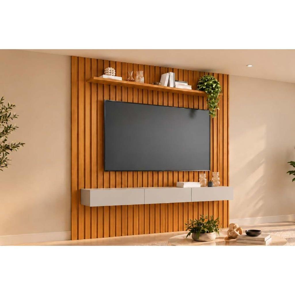 Painel Quarto p/ TV até 65 Pol Maragogi Ripado c/ 1 Porta e 2 Gavetas 185x220cm Nature/Off White - Permóbili