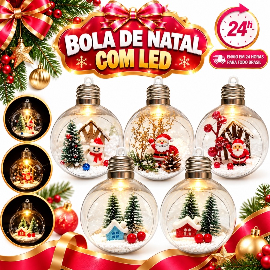 Bolas De Natal 8 cm Com Led Pisca Pisca Perfeitas Para Decoração Natalina Globo de Neve
