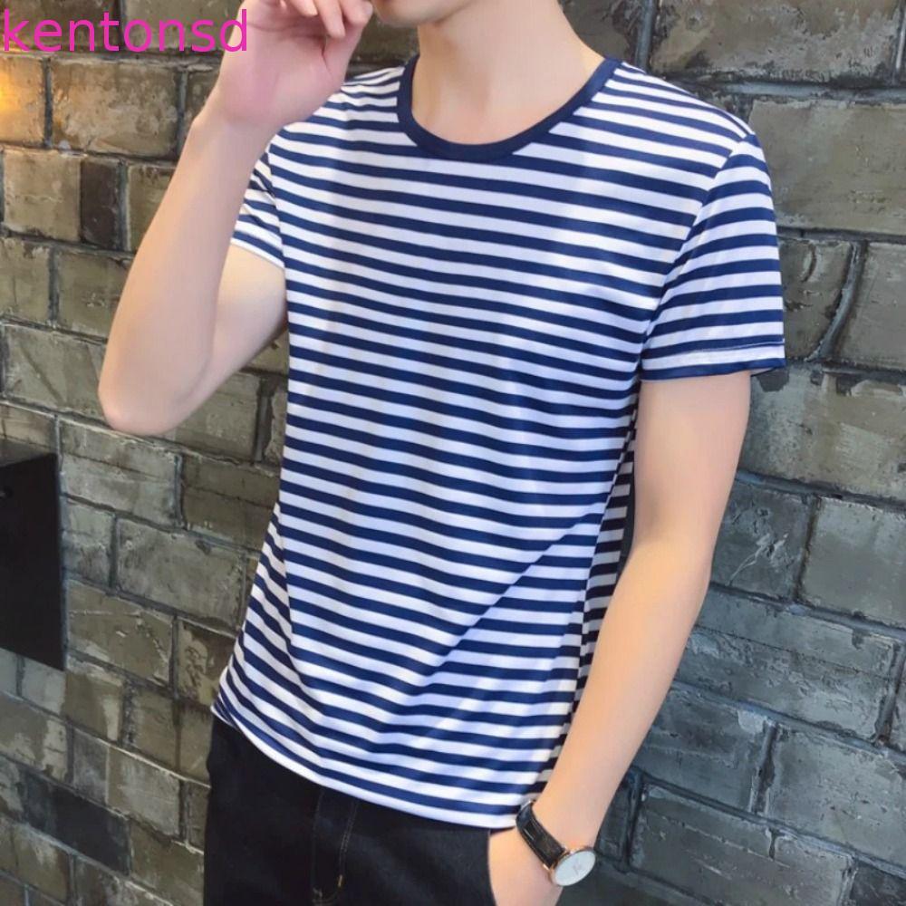 Camiseta Listrada Grande , Camisa Azul E Branca Sea Soul Masculina De Manga Curta , Camisetas Básicas De Algodão