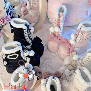 Sapatos Lolita PARTY, Botas de Neve Fofas de Pelúcia, Saltos Altos, Laços Delicados, Saltos Meia-Lua TO629