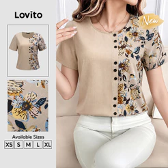 (New Arrival) Lovito Blusa Feminina Elegante Floral Floral De Manga Curta Gola Redonda E Corte Assimétrico Com Flores De Tecido Costuradas Para Trabalho Primavera E Verão BLB205P2D497