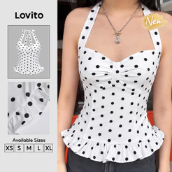 (New Arrival) Lovito Blusa Feminino Casual De Bolinhas Sem Mangas Com Decote Halter Babados E Amarração Nas Costas Para Fins De Semana E Férias TKK10BR401