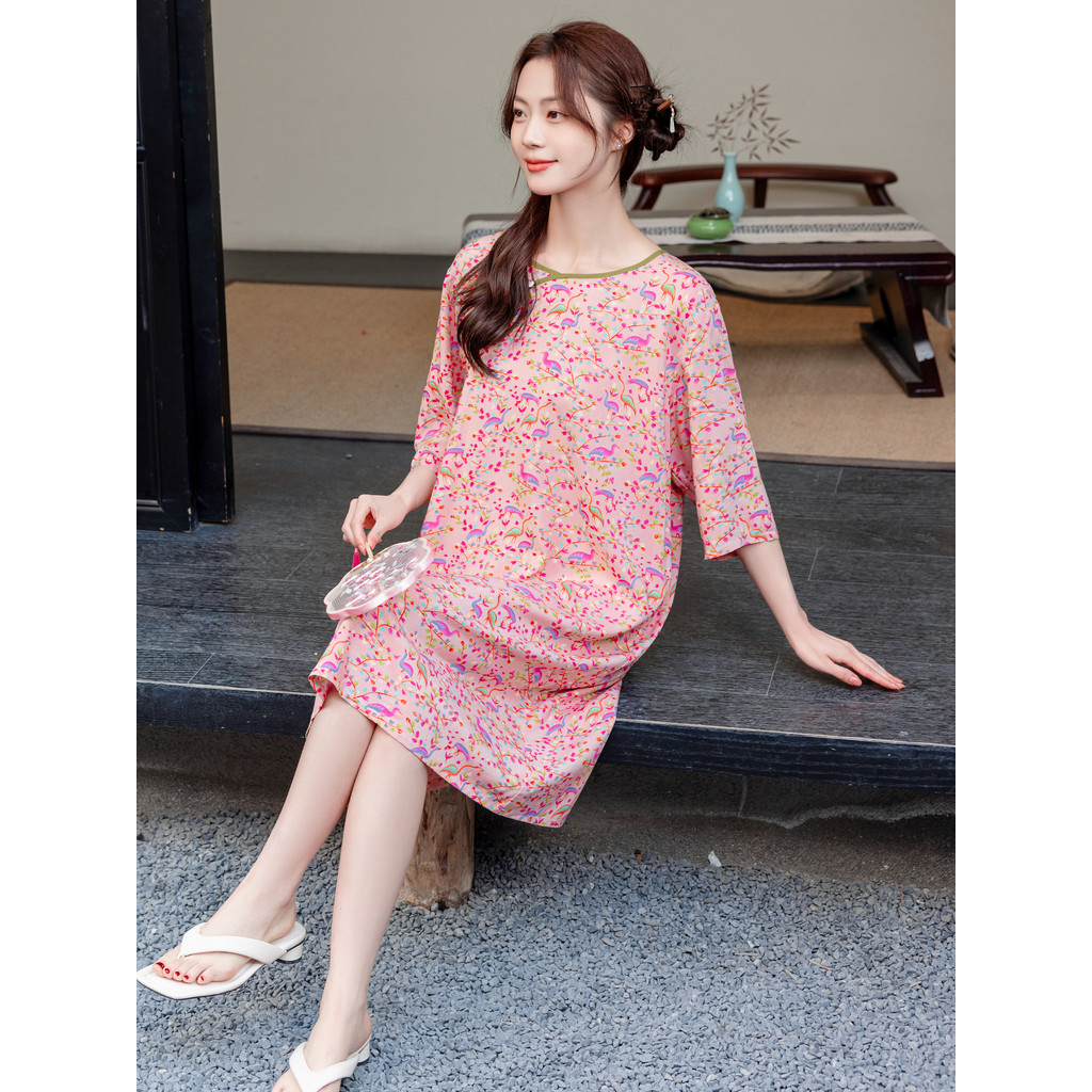 2026 novo estilo algodão seda camisola novo estilo chinês verão estilo fino pijamas vestido de manga média Rayon Plus Si