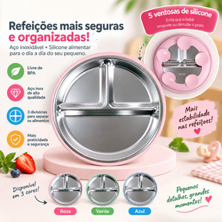 Prato Bebê Infantil 3 Divisórias Inox Silicone Ventosas Unid